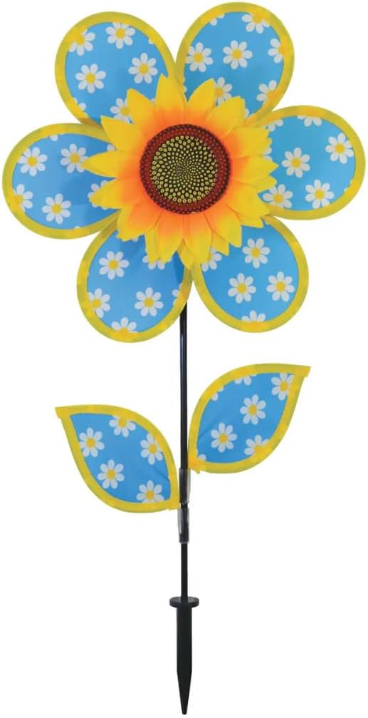 In the Breeze 2658 12-inch Blue Daisy Sunflower Wind Spinner with Leaves Colorful Flower for Yard and Garden