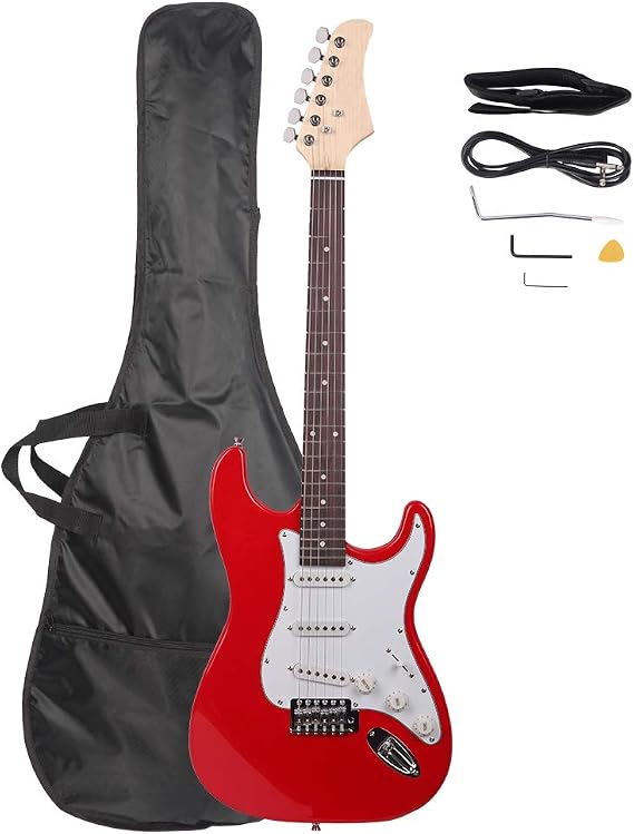 Full Size Electric Guitar Kit,38 Inch Beginner Electric Guitar,Complete Electric Guitars Set with Bag, Strap, Power Cord, Wrench Tool,Tremolo Bar and Picks,Red