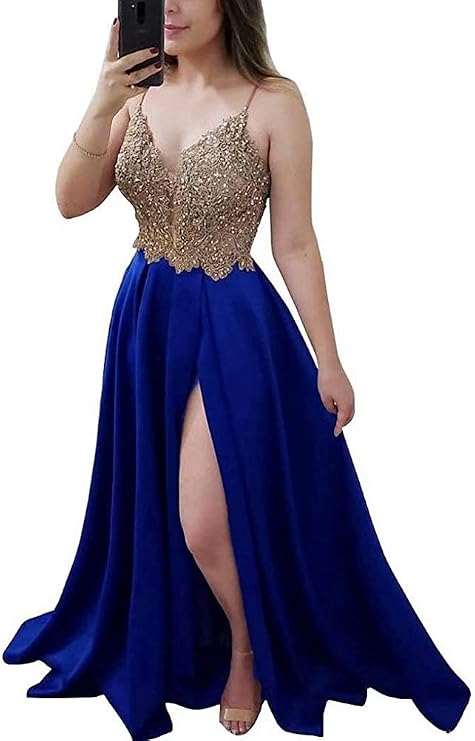 Spaghetti Strap Prom Dress Split V-Neck Bridesmaid Dress Long,Royal Blue,16