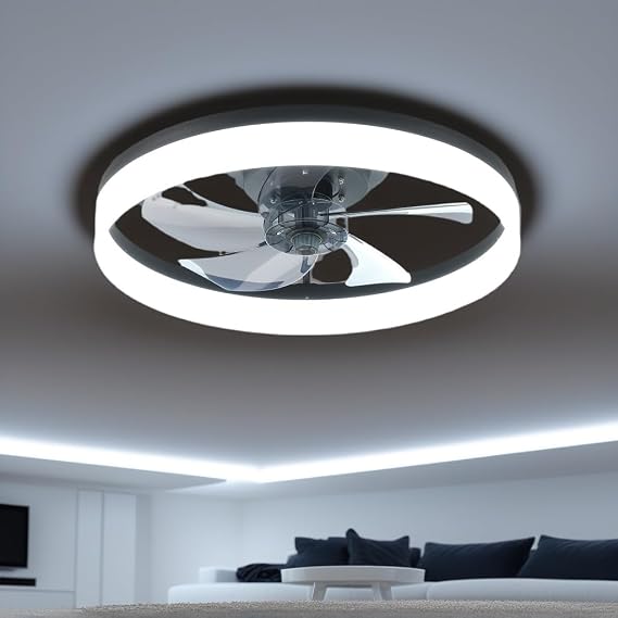 Low Profile Ceiling Fan with Lights,Remote Control Modern Black Bladeless Ceiling Fan with Light, Ultra Thin Invisible Fan, 3-Color LED,Suitable for Bedroom Living Room Dining Room
