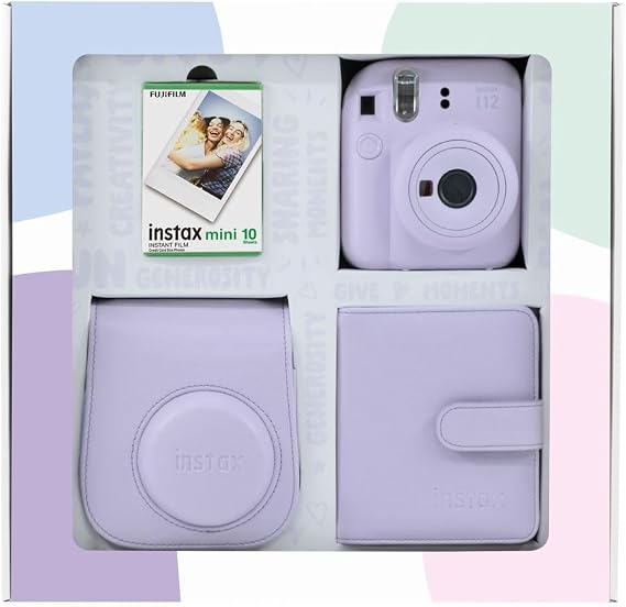 Instax mini 12 Camera 10-Piece Film Square Album and Leather Case Bundle Box (Lila)