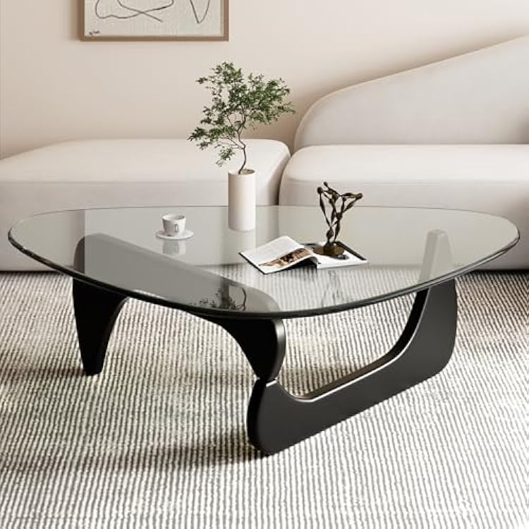 Modern Coffee Table Large Glass Coffee Table for Living Room, Mesa de Centro para Sala, Unique Black Center Table with Glass Top & Wood Legs, Mid Century Triangle Coffee Table, FunkyLow Coffee Table