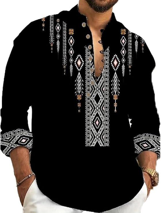 INVACHI Men's Casual Long-Sleeved Shirt,Retro Ethnic Print Shirt, Button-Down Half-Closure