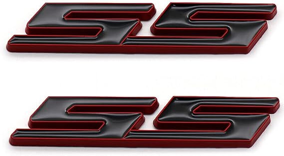 2X SS Emblems Metal 3D Side Fender Trunk Badge Decal Sticker Logo Replacement for SS Series Truck Car (Black Red Line)
