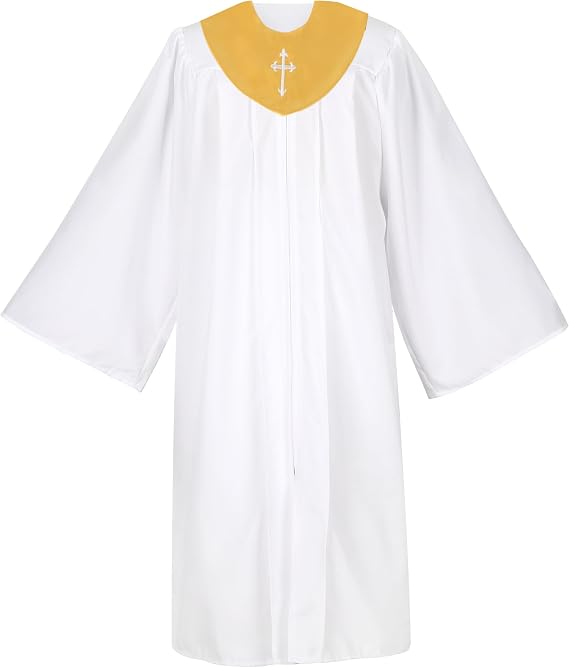 White Choir Robe Gown with V Shape Stole | Unisex Matte Choir Gown Sash with Embroidery Cross, for Church Baptism Officiant, Polyester Fabric