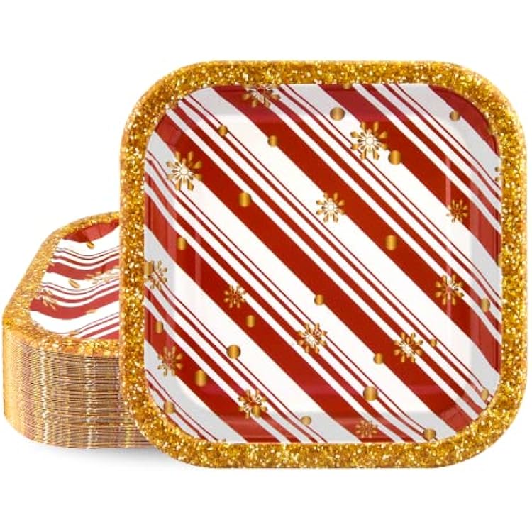 EPHYO 50Pcs Christmas Paper Plates Gold Snowflakes Square Disposable Christmas Party Plates 7in Dinner Dessert Dinnerware Holiday Xmas Decorations Party Supplies