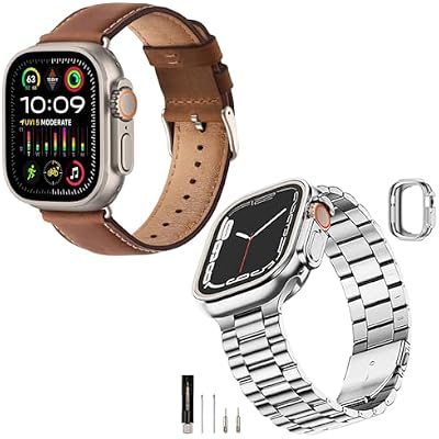 SUNFWR Compatible with Apple Watch Band 45mm 44mm 42mm for Men Women, Stainless Steel Metal iWatch Band with Case  Top Grain Genuine Leather Band for Apple Watch Series Ultra 987654321SESE2