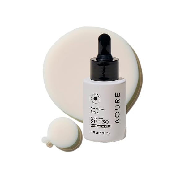 Acure Sun Serum Drops SPF 30 - Skincare for a Hydrating Glow - 1 fl oz | Hydrating Sunscreen Serum & Reef-Safe Broad-Spectrum Protection, Sheer UV Shield, Use with Makeup, Travel Size, Sulfate Free