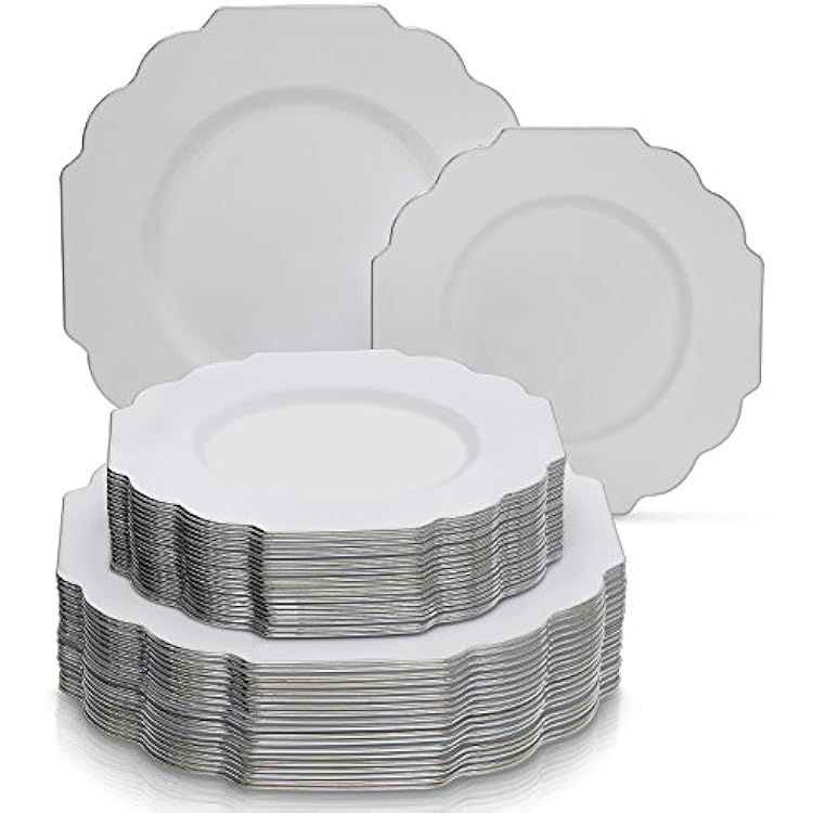 PARTY DISPOSABLE 40 PC PLASTIC PLATE SET | 20 Dinner Plates | 20 Side Plates | Heavyweight Plastic Dishes | Elegant Fine China Look | for Upscale Wedding and Dining - Baroque, White
