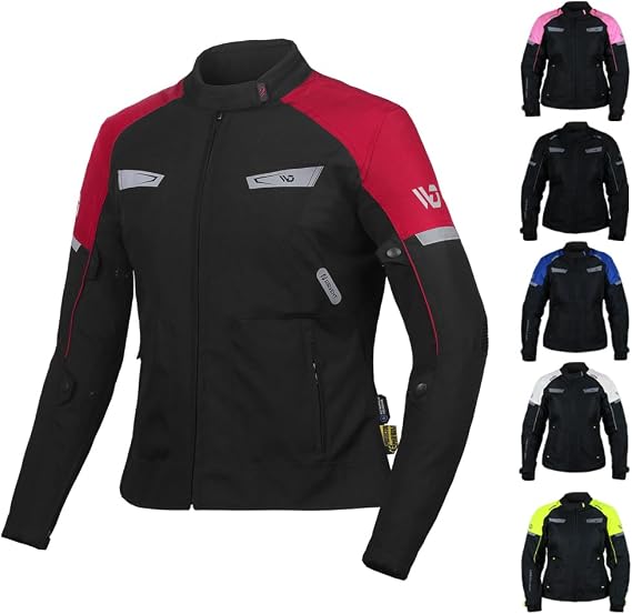 WD Motorcycle Jacket Women - Adjustable Slim Fit Biker Jacket Women Riding Gear with CE Armor - All Season Waterproof Textile Jacket with Thermal Lining & Ventilation (Red, X-Small)