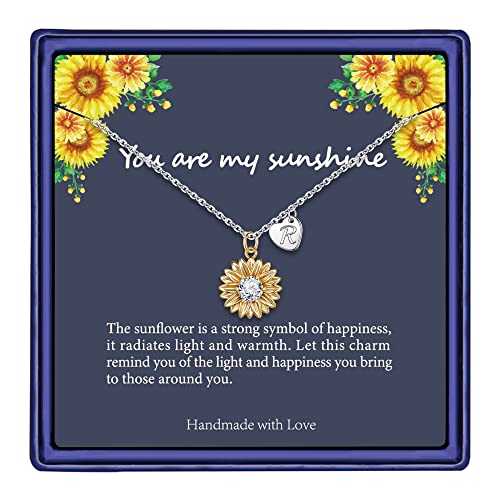 MONOZO Initial Sunflower Necklace for Women Trendy, 14k Gold Plated Sunflower Necklace Pendant CZ Heart Letter Initial Necklace You are My Sunshine Gifts Sunflower Jewelry for Women