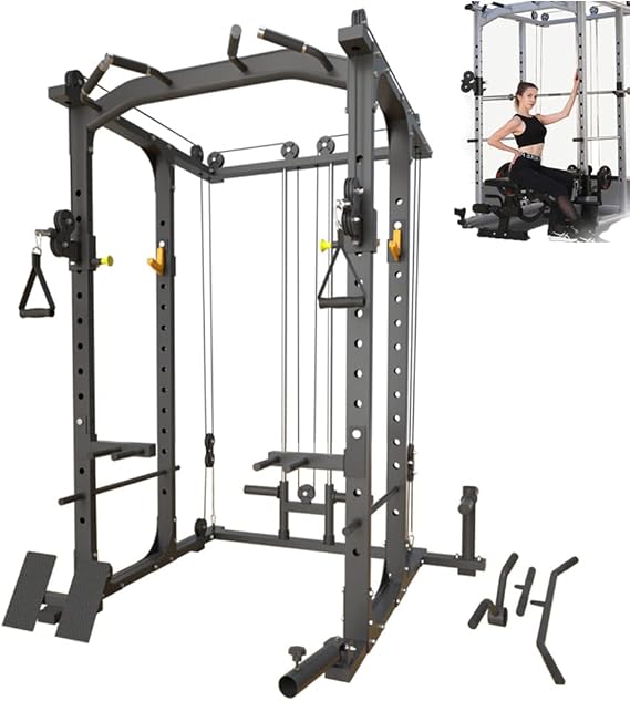 Squat Rack,Power Rack,Cable Machine,LAT Pull Down Machine,Multi-Function Power Cage Squat Rack with Cable Crossover 440LBS Weight Capacity Cable Stations.