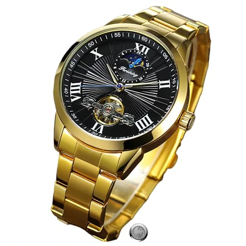 FORSINING Men Automatic Watch Moon Phase Flywheel Hollow Out Mechanical Watch Stainless Steel Strap Wristwatch Mens Waterproof Business Watches