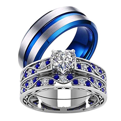 TWO RINGS Wedding Ring Sets His And Hers Promise Ring Couples Bridal Sets Women 925 Sterling Silver Heart Cz Man Brushed Finished Tungsten Carbide Wedding Bands