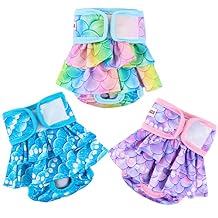 Dog Diapers Female (3 Pack), Reusable Pet Diapers for Female Dogs, Washable Dog Panties Diaper Skirt for Dogs in Heat, Period, Incontinence, or Excitable Urination(Small, Mermaid)