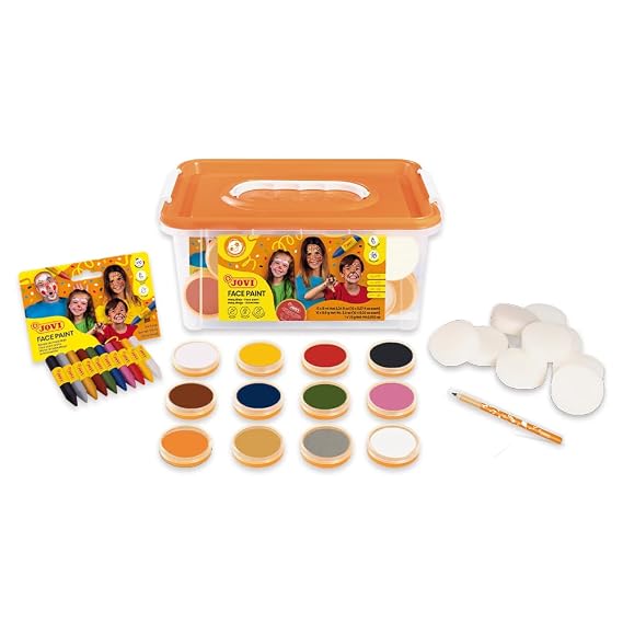 Jovi - Face Paint Schoolpack Set - 12 x 8 ml Jars - Cosmetic Pen + 8 Sponges - Body Paint Makeup - Assorted Colors
