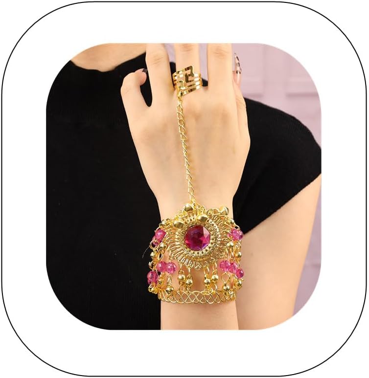 Vintage Gemstone Crystal Slave Bracelet with Finger Ring Adjustable Open Cuff Bracelet Sparkling Disc Tassel Harness Bracelet Bohemian Ruby Teardrop Belly Dance Hand Jewelry