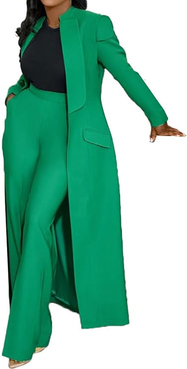 Famnbro Womens Suits 2 Piece Set Long Blazers Jacket Straight Leg Pants