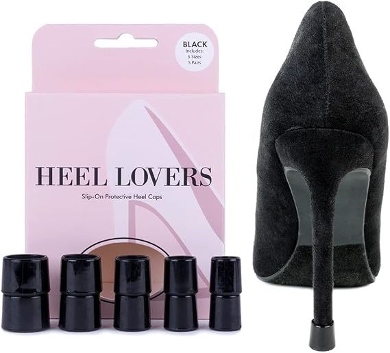 Heel Lovers Protective Heel Caps, 5 Pairs for Womens High Heels (Black) | Protective Heel Caps with Flexible SlipOn Fit for Reduced Click Noise, Tip Preservation & Everyday Comfort in 5 Sizes
