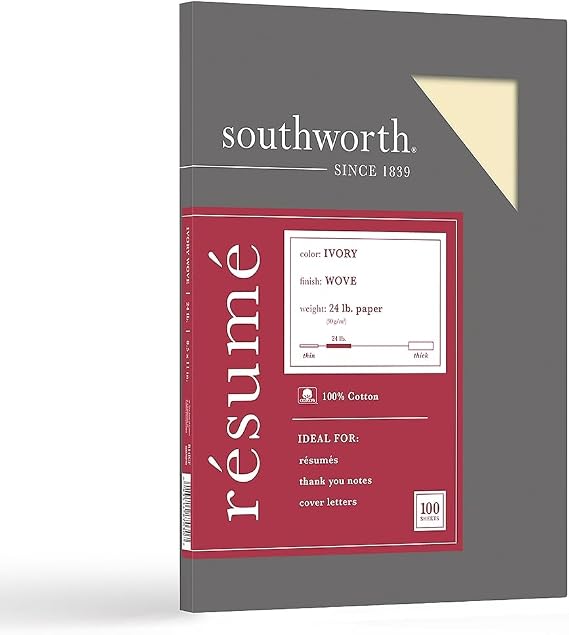 Southworth 100% Cotton Resume Paper, 8 1/2" x 11", 24 Lb, 100% Recycled, Ivory, Pack of 100