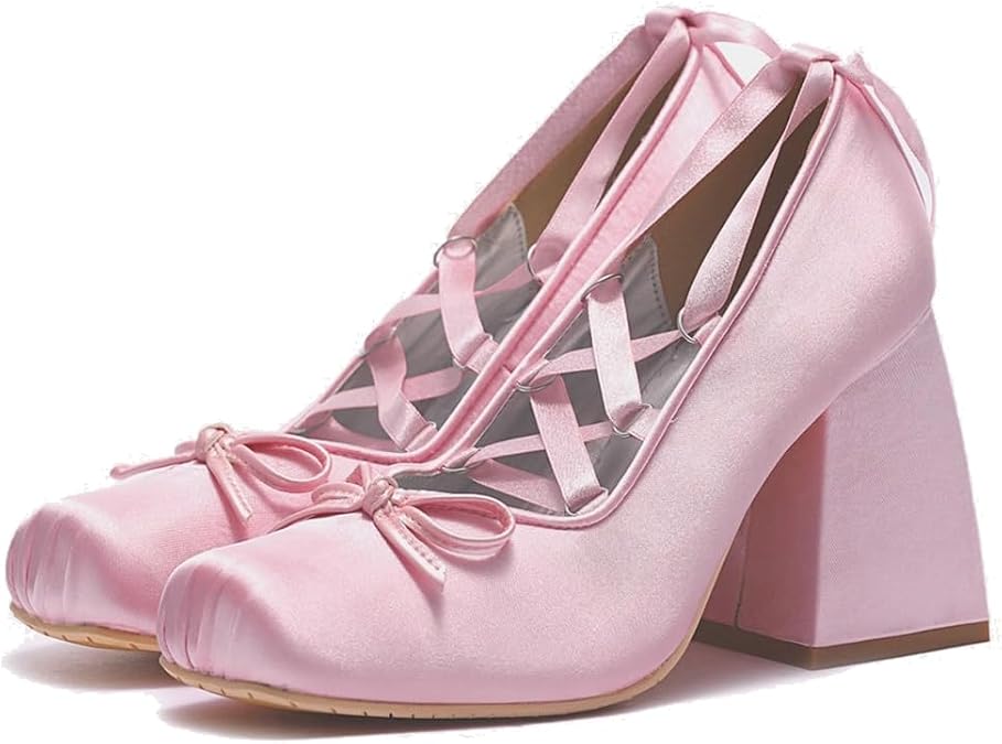 KOKOMOMO Womens Cute Goth Lolita Cosplay Shoes Bow Heels Mary Jane Platform Satin Heels Lace Up Chunky Heel Pumps