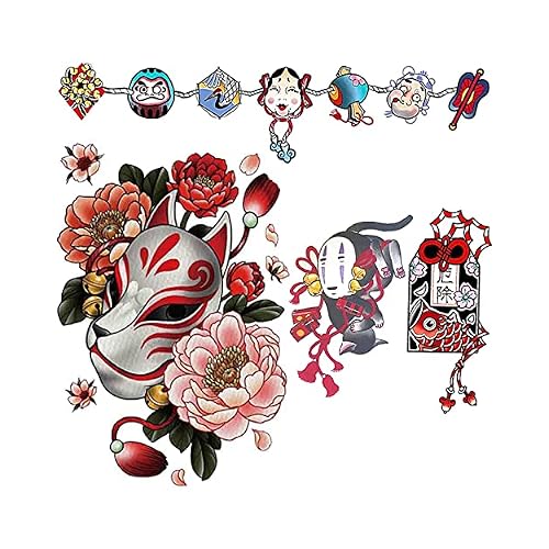 Japanese Temporary Tattoos Kit for Women Fox Mask Cherry Blossoms Traditional Tattoo Stickers Dharma Guardian of Doom Classic Temporary Tattoo Realistic Long Lasting Temporary Tattoos
