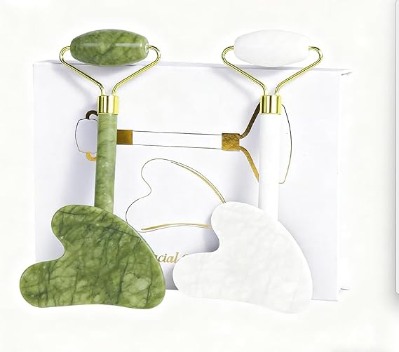 Jade Roller Gua Sha Tools Nature Gua Sha Facial Tool Skin Tightening Face Massager Anti-Aging Jade Face Roller Puffiness Reducing Guasha Stone for Women Men 2-Color Pack(G/W)