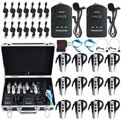 EXMAX EXD-6824 2.4G Wireless Simultaneous Interpretation Systems 9999 Channels for Aduio Tour Guide Museum Tour Court Church Translation Worship Hajj 2 Transmitters 12 Receivers Black Storage Case