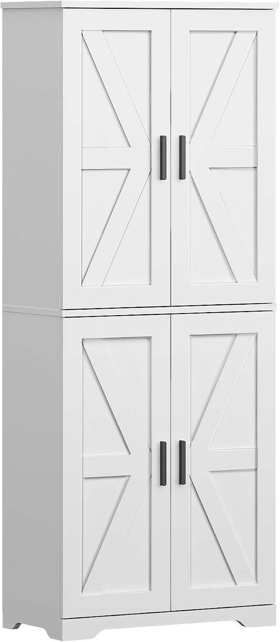 Farmhouse Storage Cabinet with 4 Door, Kitchen Pantry Storage with 4 Adjustable Shelves Wooden Cupboard for Kitchen, Dining Room, Living Room, Bathroom White