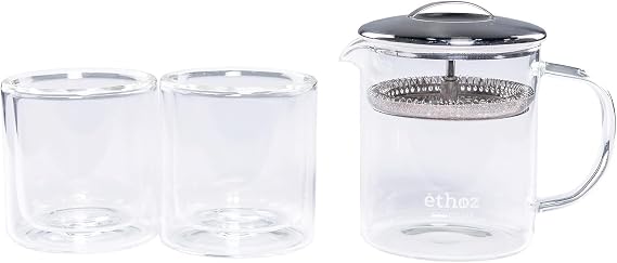 Ethoz Tea Bundle - Tea Brewer and Glass Cups - Elegant At-Home Brewing, Easy to Clean Strainer - Steep 12 fl.oz Loose Leaf Tea, Sip from Double Wall Set of 2 Glass Cups
