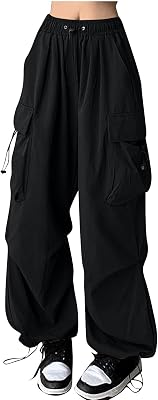 Womens Parachute Cargo Pants Baggy Y2k Elastic High Waist Hiking Pants Drawstring Wide Leg Sweatpants with Flap Pockets Athletic Track Goth Streetwear Pants Casual Army Wilderness Active Pants