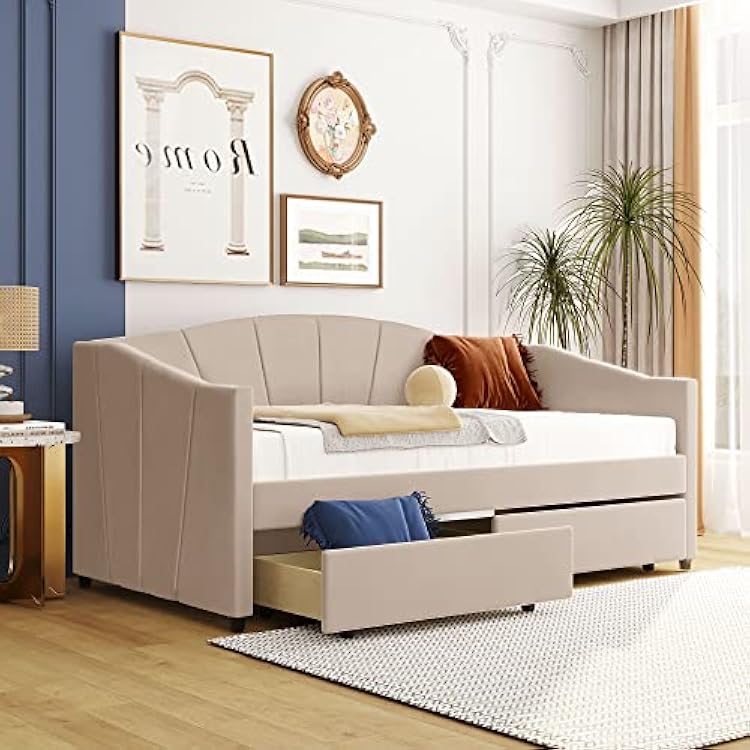 LZ LEISURE ZONE Twin Size Daybed,Upholstered daybed with Two Drawers,Wood Slat Suppot, Beige