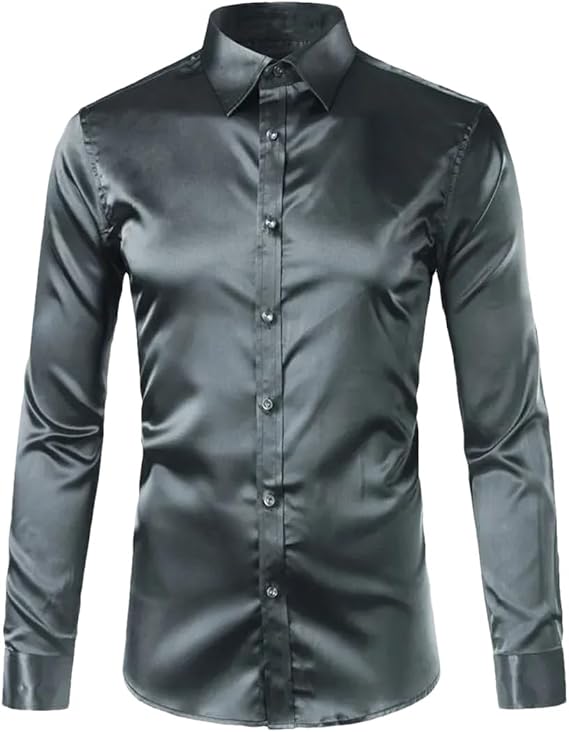 Silk Satin Dress Shirt Men Dance Party Long Sleeve Chemise Smooth Wrinkle Free Tuxedo Shirts