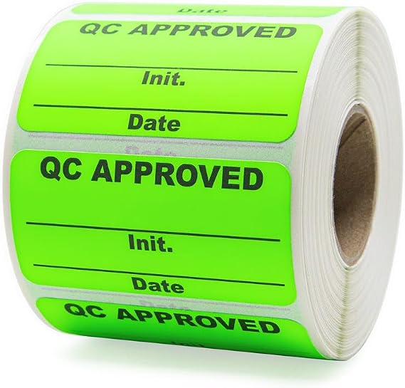 QC Approved Quality Control Labels, 2" x 1", Bright Green, 500 Labels per Roll, Permanent Adhesive for Inspection & Inventory Use