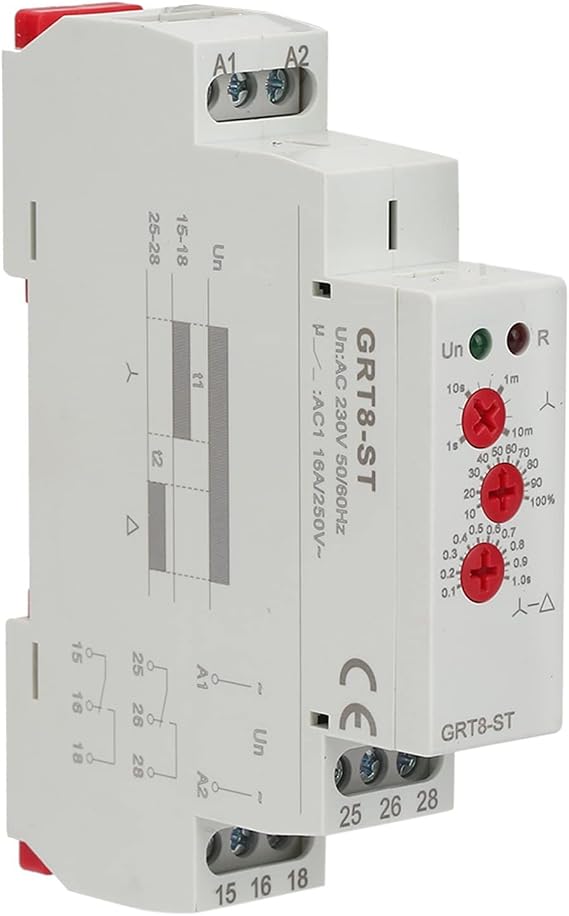 Delay Timer Soft Starter, Compact Wide Voltage Motor Start Control Relay for DIN Rail Panels 18mm Electronic Knob Adjustable AC DC 12V to 240V LED Indicator 1 Pack