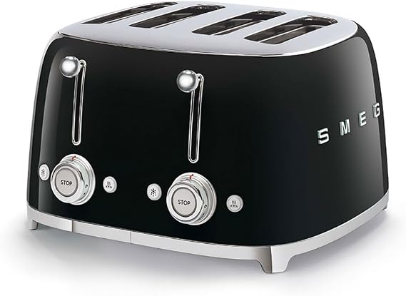 SMEG 4 Slice Toaster TSF03, Retro Stainless Steel Toaster with Wide Slots for Bagels, 6 Browning Levels, Defrost Reheat Bagel Functions, Dual Controls, Crumb Trays, 1800W - Black - TSF03BLUS