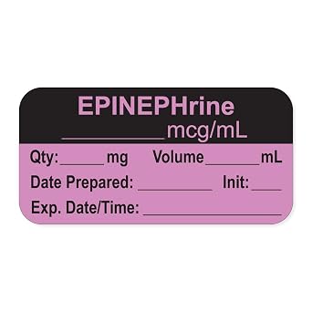 PDC Healthcare LAN-2-6 "EPINEPHrine mcg/mL" Permanent Anesthesia Paper Label with Expiration Date Time and Initia, 1" Core, 1-1/2" x 3/4" Size, Violet, Pack of 500,