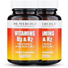 Dr. Mercola Vitamin D3 and K2 Supplement - 2 Bottles - 30 Capsules Each- 5000iu D3 and 180mcg K-2 MK7 - Heart, Bone and Muscle Health - for Men & Women - Vegetarian Capsules - Soy Free