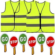 6 Pcs Kids Crossing Guard Set Include 3 Pcs Handle Stop and Go Sign 3 Pcs Police Traffic Vest for Children Red Green Light Sign Teaching Traffic Safety Traffic Theme Party Decor