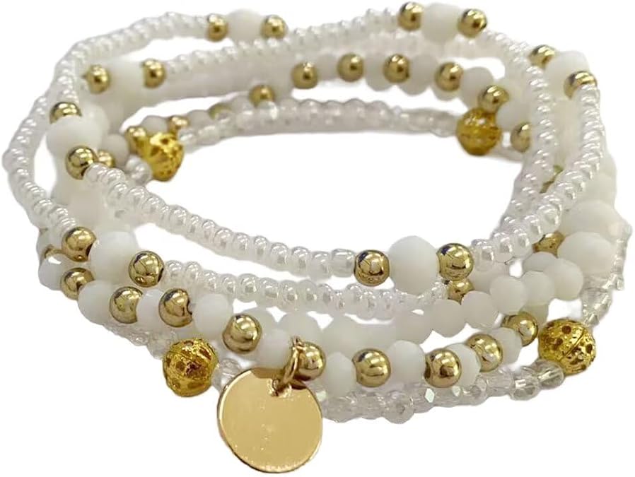 Zian Bohemian Stackable Beaded Bracelet Set for Women Colorful Adjustable Layered Bead Stretch Bracelets with Coin Charm Summer Beach Jewelry Gift