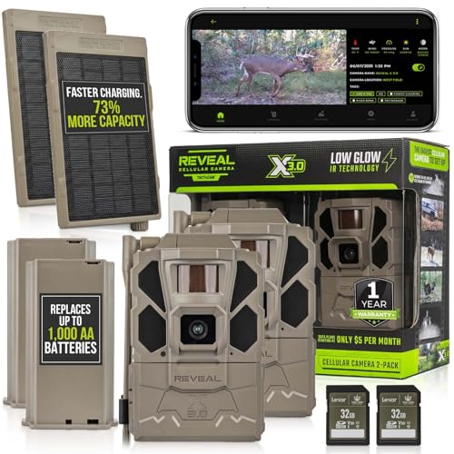 TACTACAM Reveal X Gen 3.0 Cellular Trail Camera - Multi Carrier, HD Photo & Videos, Pre-Installed Antenna, Built-in GPS, Low-Glow IR Flash  Solar Panel, Lipo Lithium Battery, 32GB SD Card 2PK