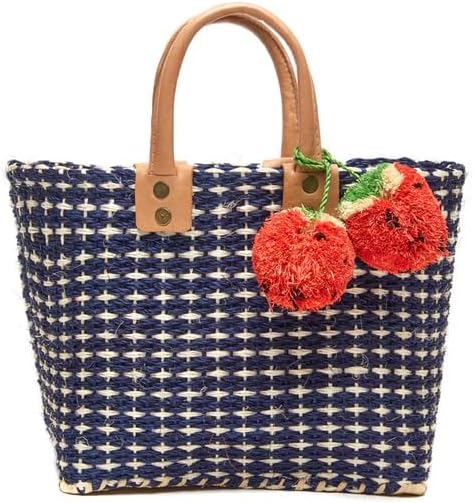 MAR Y SOL Hadley Tote Handwoven Raffia Bag with Leather Handles & Pom Pom Fruit Charm, Full Size or Mini in Multiple Colors