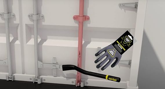 Shipping Container Leverage Bar - Opnbar Version 2 New Angle Bend with Fifth Wheel Release Hook and SAFER Grip Gloves