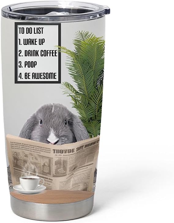 Blue Mini Lop Rabbit Reading Newspaper Tumbler 20oz - Funny To Do List Curved Stainless Steel Insulated Cup with Lid - Novelty Gifts for Rabbit Lovers