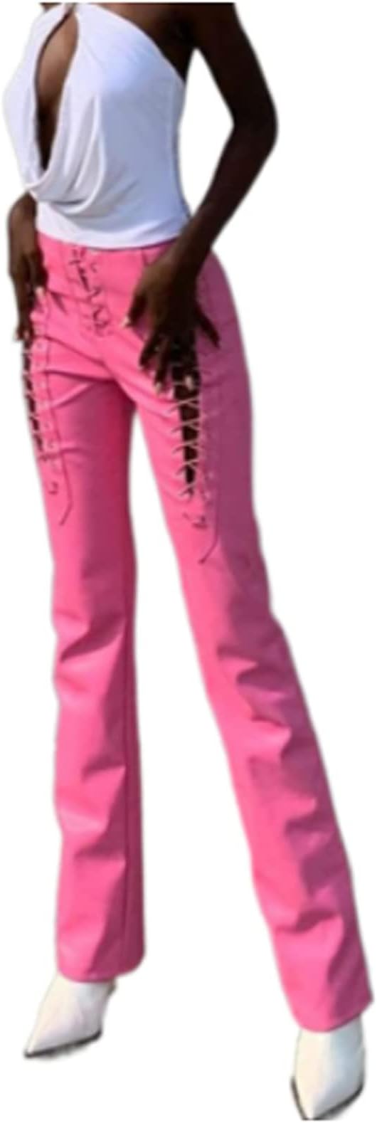 Women Lace Up PU Leather Pants Hollow Out High Waist Drawstring Bandage Trousers Cut Out Vintage Punk Club Streetwear (Pink, Medium)