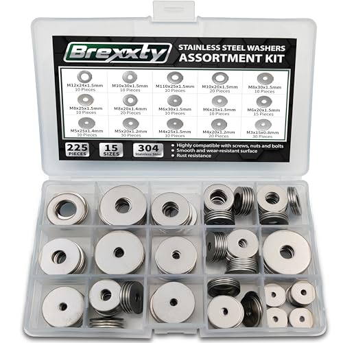 225 Pcs Fender Washers for Screws 304 Stainless Steel Washers for Bolts in 15 Different Sizes M3 M4 M5 M6 M8 M10 M12 Small and Large Hardware
