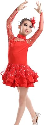 Girls Sequin Dance Costume Latin Rumba Dance Dress Ballroom Dancewear Red