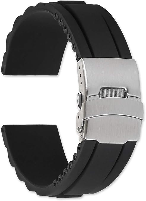 deBeer Oyster Style Silicone Black Watch Strap With Deployment Buckle-Choice of Width (20mm, 22mm, 24mm)