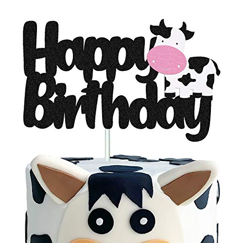 Cow Cake Topper Happy Birthday Sign Cake Decorations for Cow Farm Animal Zoo Themed Kids Boy Girl Birthday Party Supplies Double Sided Black Sparkle Decor
