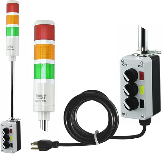Signaworks 3 Stack Super Bright LED Andon Tower Light, Off-Steady, Red/Amber/Green, 8 ft Industrial Power Cord, Plug & Play Ready, 3 Prong Plug Meets OHSA Standard *Assembled in USA*